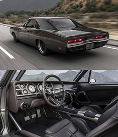 the interior and dashboard of an old car on the road, with mountains in the background