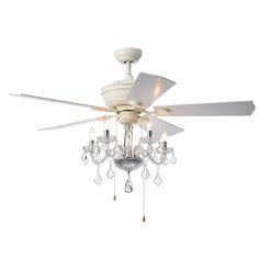 a white ceiling fan with crystal chandelier hanging from it's center blade