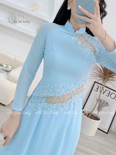 Elegant Blue Fitted Ao Dai, Fitted Blue Ao Dai For Summer, Fitted Ao Dai For Summer Weddings, Summer Fitted Blue Ao Dai, Summer Wedding Fitted Ao Dai, Festive Fitted Blue Ao Dai, Fitted Light Blue Ao Dai For Spring, Blue Ao Dai For Spring Party, Blue Fitted Ao Dai For Evening