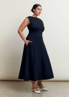 Travel Tailoring Boat Neck Midi Dress | ME+EM Classic Midi Dress With Fitted Bodice And A-line Silhouette, Classic Fitted Bodice A-line Midi Dress, A-line Midi Dress With Fitted Waist, Elegant Fitted A-line Tea Length Dress, Classic Fit And Flare A-line Dress, Formal Midi Dress With Fitted Waist And A-line Shape, Seamed A-line Dress For Work, A-line Seamed Dress For Work, A-line Dress With Box Pleat And Fitted Bodice