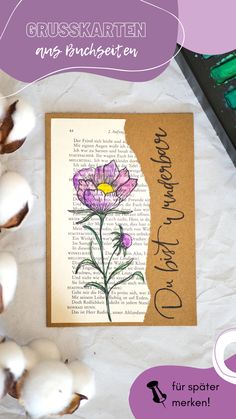 Upcyclingidee für alte Bücher: DIY Karte aus Buchseiten mit Aquarell Blumen und Lettering selber machen. Diese Postkarten kannst du ganz einfach für jeden Anlass basteln. Mit dem richtig Wasserfarben Motiv und Handlettering wird daraus ein zauberhafter Gruß im Vintage Stil zum Muttertag, Geburtstag oder für Weihnachten. Über diese selbstgemachten Grußkarten freut sich bestimmt jeder. Viel Spaß beim Basteln! Birthdaycard Selfmade, Handmade Greeting Cards, Homemade Gift Baskets, Card Design Handmade, Gift Wrapping Techniques, Birthday Card Drawing, Paint Cards