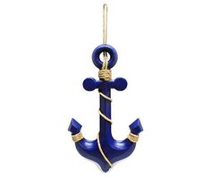 an anchor ornament hanging from a rope on a white background with blue and gold accents