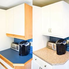 two pictures of the same kitchen counter top with blue and white tiles on it, one has a coffee maker