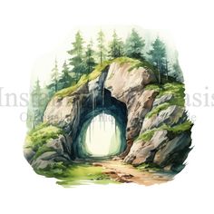 a painting of a cave in the woods with trees on top and water coming out from it