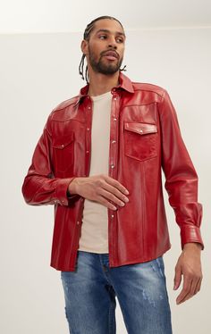 Veste-chemise en cuir soigneusement poncée afin de se draper sans effort et d'être légère. Il présente des surpiqûres contrastées et des boutons-pression. Soutenez la vôtre avec un tee-shirt ajusté ou un pull à col roulé.

Cuir d'agneau véritable
Style de veste de chemise
Coupe slim
Nettoyage à sec uniquement
Fabriqué en Turquie

Style # 4725


Conçu pour une coupe ajustée. Prenez votre taille normale.
Le modèle fit porte un médium, ses mensurations: poitrine 38 "/ cou 15,5" / hauteur 6'0 "/ poi Designer Red Leather Jacket, Luxury Red Leather Jacket, Jackets Men Fashion, Leather Shirt, Lambskin Leather, Jacket Style, Chest Pocket, Slime, Red Leather Jacket