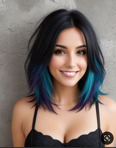 Black And Colored Hair Underneath, Purple Tipped Hair Brown, Tasteful Colored Hair, Touch Of Color Hair, Neck Length Haircuts For Women, Blue Ends On Brown Hair, Ways To Hide Grey Hair, Short In Front Long In Back Hair, Teal Peekaboo Hair