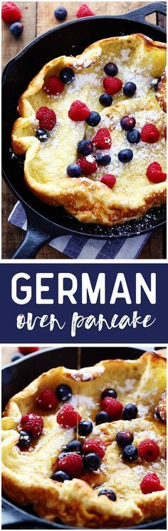 a pancake with berries and cheese in it on a table next to the words german