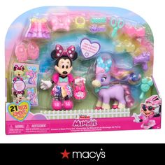 mickey mouse and minnie mouse toys are in the box with their name on it's label