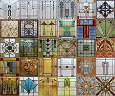 an assortment of stained glass panels with geometric designs