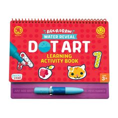 the water reveal dot art learning activity book is shown with a blue pen in front of it