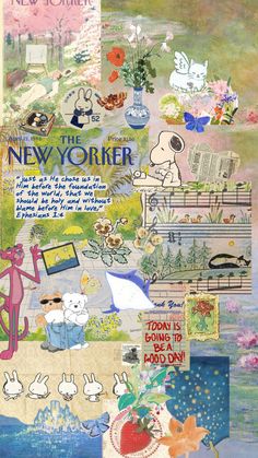 the new yorker collage is shown with many different things on it, including flowers and