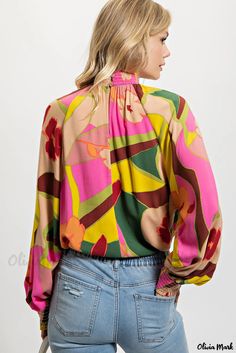 Olivia Mark - Stylish Multicolor Floral Print Smocked Hem Stand Neck Blouse Lisa Fischer, Stand Neck, Hem Blouse, Dress Shoes Womens, Floral Print Blouses, Boho Blouses, Blouse Patterns, Print Blouse, Types Of Skirts