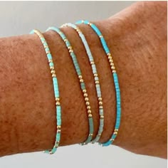 Super Cute And Dainty, These Bracelets Are Handcrafted With Delicate Mini Beads. Four Pieces -- Four Bracelets Total. Stretchable For Comfort. Beautiful Blue Ocean Colors -- Aqua, Turqoise, Pale Blue, Bright Blue. Easy On And Off; Perfect For Travel, Vacation, And Gifts. New, Never Worn Summer, Spring, School, Cute, Dainty, Beads, Stackable, Beaded, Comfort, Comfy, Gift, Cruise, Travel, Vacation, Beach, Beachy, Mini Beads, Stretch Bracelets Diy Bracelet Designs, Beads Bracelet Design, Summer Bracelets, Bracelets Handmade Beaded, Glass Beaded Bracelets, Seed Bead Bracelets, Wire Bracelet, Hand Jewelry, Memory Wire