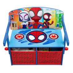 a toy bench with spiderman and other toys