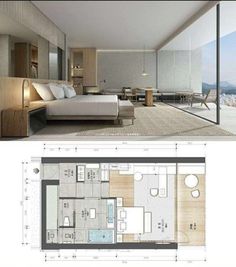 the floor plan for a bedroom and living room in a house with glass doors on both sides