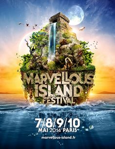 the poster for marvelous island festival in paris, with an island surrounded by trees and birds