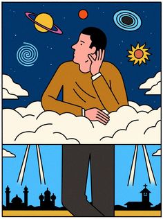 a man sitting on top of a cloud in front of a sky with planets and stars