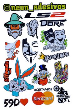 various stickers that are on the back of a white shirt, with an image of cartoon