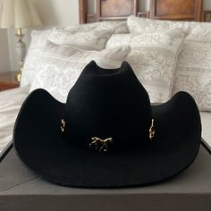 Hurricane Labs Black Cowboy Hat. Brand Is Based In Portugal. Fabric Is Wool. Gold Pendants Places On Rim Of Hat Cow Boy Hats, Cowboy Chicken, Cowboy Hat Men, Baby Cowboy Hat, Cowboy Accessories, Photoshoot Birthday, Small Hats, Mens Cowboy Hats, Concert Ideas