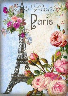 the eiffel tower is surrounded by pink roses and other flowers on a blue background