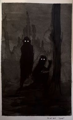 an image of two people in the dark with eyes drawn on their faces and hands