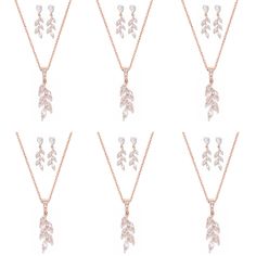 six different styles of necklaces with leaves on the front and back, all in rose gold