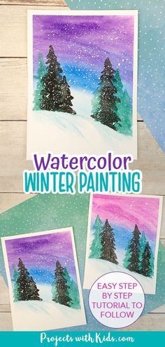 watercolor winter painting with the title easy step by step instructions to follow