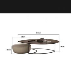 a coffee table with an oval shaped top and two curved legs, measurements for each side