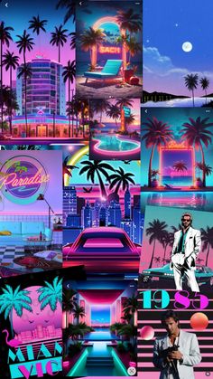 a collage of photos with the theme of miami nights and palm trees in neon colors