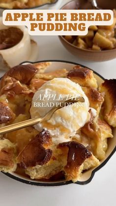 an apple pie bread pudding with ice cream and caramel syrup on top in a bowl