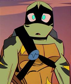 an animated image of a teenage mutant with green eyes and a black belt around his neck