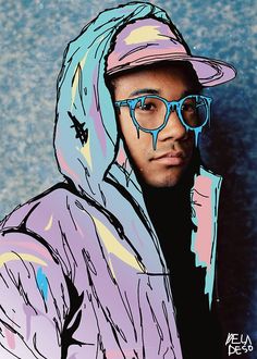 a man with glasses and a hoodie is standing in front of a blue wall