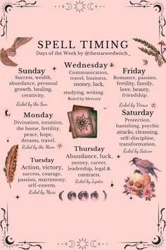 Days Of The Week Rituals, Best Days For Spells, Spells Days Of The Week, Spell Days Of The Week, Days Of Week Witchcraft, Magic Times Of The Day, Best Times To Do Spells, Spell Timing Days Of The Week, Time Of Day Witchcraft