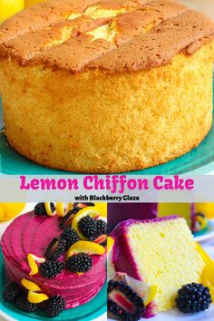 lemon chiffon cake with blackberry glaze