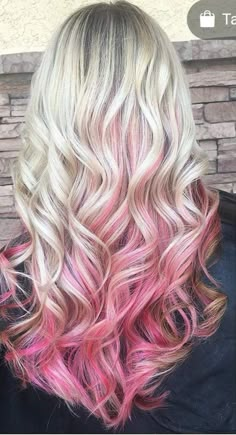 Vibrant Hair Color Ideas Blondes, Platinum Blonde With Pink Tips, Hair Color Ideas For Blondes With Color, Pink Tips Hair Blonde, Colourful Hair Ideas For Blondes, Blonde Hair With Pink Peekaboos, Blonde With Pink Underneath, Blonde Hair With Pop Of Color, Blonde Hair With Pink Underneath