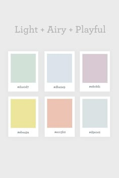 four different color palettes with the words light and airy playful on them