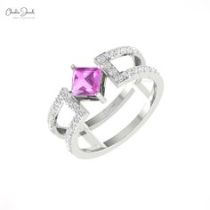 Description Introducing our parallel split shank pink sapphire ring in 14k solid gold. This ring is adorned with 5-mm square-cut pink sapphire gemstone and the band is accentuated with sparkling diamonds. Order now and treat yourself. Product Details SKU CJ R 1790 PS Product dimension - Metal 14K Solid Gold Birthstone September PINK SAPPHIRE DETAILS Size 5mm Quality AAA Pieces 1 Weight 0.85 carats Setting Prong Enhancement Heated DIAMOND DETAILS Size 1.50mm Clarity & color I1-I2/G-H Pieces 32 We Pink Diamond Ring With Birthstone For Formal Occasions, Modern Pink Diamond Rings, Pink Asscher Cut Ring With Prong Setting, Pink Princess Cut Rings With Prong Setting, Pink Princess Cut Diamond Promise Ring, Pink Princess Cut Ring With Prong Setting, Pink Asscher Cut Ring With Accent Stones, Modern Pink Promise Ring, Pink Princess Cut Diamond Ring With Accent Stones