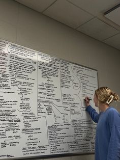 a woman writing on a large white board