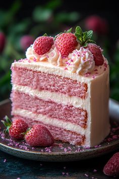 a slice of cake with white frosting and strawberries on top