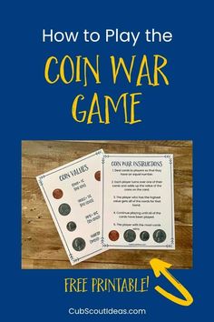 Get a FREE printable Coin War game. This coin activity is perfect for kids who need practice adding up coins. Great game for the Wolf Cub Scout adventure, Adventures in Coins. Play this coin counting game with your family, classmates, den or pack members, or your friends. Good addition to a homeschool coin curriculum. #CubScouts #CubScout #WolfCubScouts #Coins #CoinGame #CoinWarGame Cubs Birthday Party, Cub Scouts Wolf, Cub Scouts Bear, Tiger Scouts, Cub Scouts Tiger