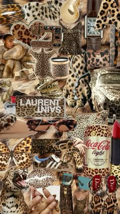 a collage of leopard print items including sunglasses, lipstick, and other animal - print accessories