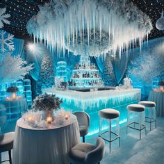 an ice - covered bar is decorated with snowflakes and chandeliers