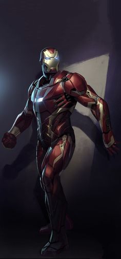 an iron man standing next to a wall