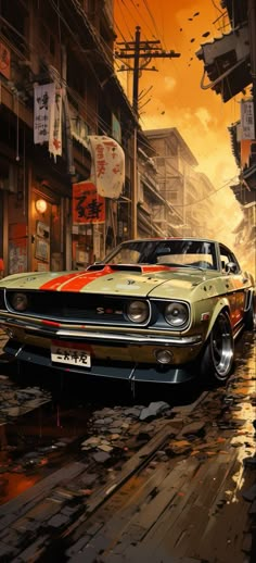 a painting of an old muscle car parked on the street