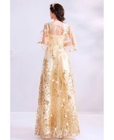 Sparkly Bling Gold Long Party Dress With Sheer Neck Puffy Sleeves Wholesale #T78006 - GemGrace.com Spring Wedding Gold Gown, Champagne A-line Gown For Party, Winter Party A-line Evening Dress, Gold Dress For Holiday Banquet, Gold Holiday Dress For Banquets, Gold Holiday Dress For Banquet, Spring Wedding Gold Evening Dress, Gold Holiday Banquet Dress, Gold Full-length Gown For Parties