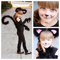 cat costume girls kitty halloween homemade easy Black Cat Kids Costume, Cat Costume Face Paint, Kids Cat Face Makeup, How To Paint A Cat Face For Halloween, Diy Cat Halloween Costumes For Kids, Kids Cat Face Paint, Halloween Cat Face Paint, Diy Cat Costume Kids, Simple Cat Face Paint