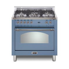 a blue stove top oven with two burners and one door on the front, against a white background