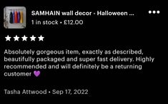 a black background with white text that says samahn wall decor - halloween in stock $ 120