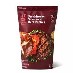 steakhouse seasoned beef patties with tomatoes and onions in a bag on a white background