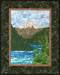 a painting with mountains and water in the background